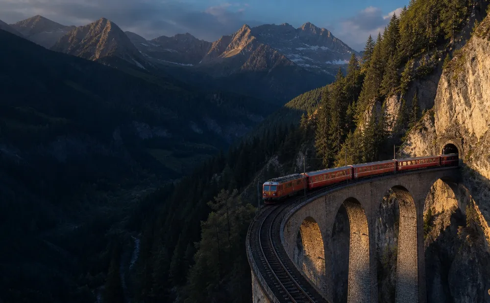 A red narrow-gauge train curves across a stone viaduct high in the Alps.