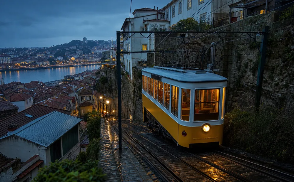 A yellow funicular climbs wet rails above Porto at blue hour.