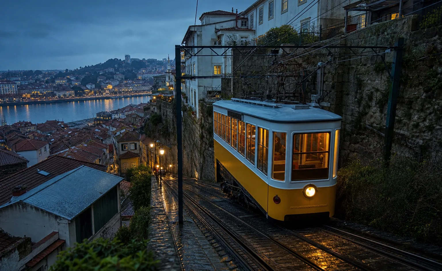 A yellow funicular climbs wet rails above Porto at blue hour.